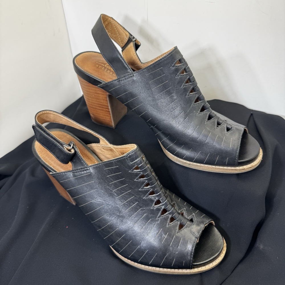 Clarks Artisan Briatta Slingback Black Leather Block-Heel Peep Toe Sandals 9.5 M